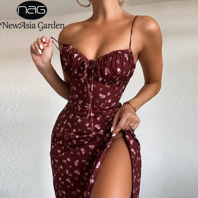 Newasia Wine Floral Dress Women Prairie Chic Spaghetti Straps Backless Chest Draped Lace Up Side Split Sexy Long Dresses 2020 1