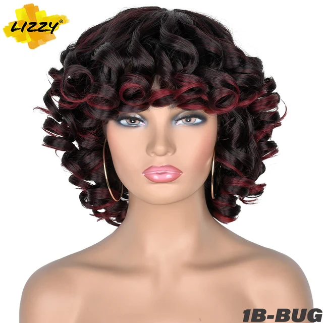 Short Hair Afro Curly Wig With Bangs Loose Synthetic Cosplay Fluffy Shoulder Length Natural Wigs For Black Women Dark Brown 14