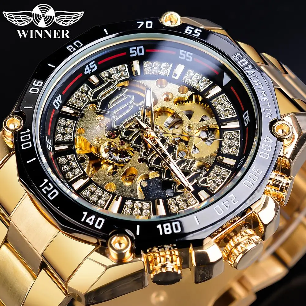 Winner Men Steampunk Fashion Golden Open Work Transparent Men Automatic Skeleton Wristwatch Mechanical Top Brand Luxury Luminous men belts metal automatic buckle brand high quality leather belts for famous luxury work business strap cinto couro masculino