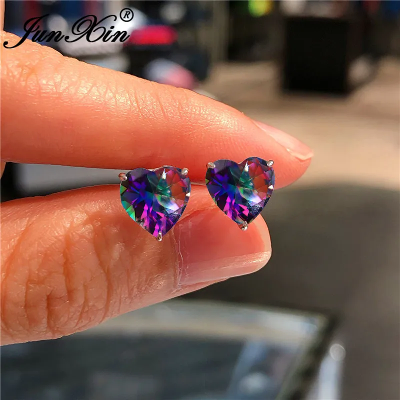 Mystic Rainbow Crystal Love Heart Earrings For Women Silver Color Blue Green Stone Wedding Stud Earrings Valentine Jewelry Stud Earrings Aliexpress