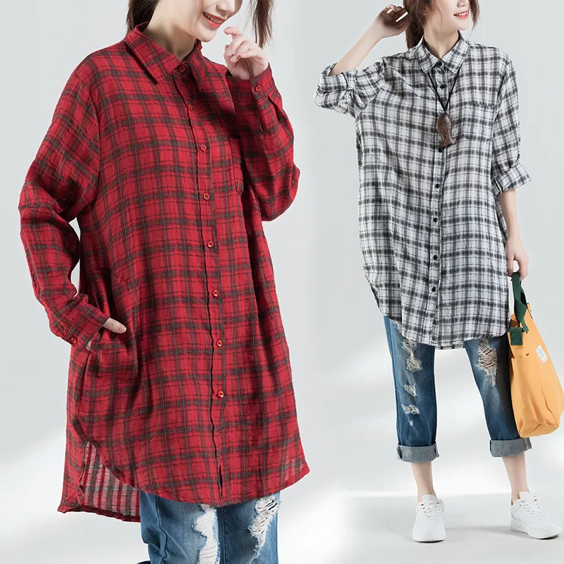 

2019 Spring Summer New Style Loose-Fit Slimming Mid-length Casual Large Size Literature And Art Plaid Print Shirt WOMEN'S Dress