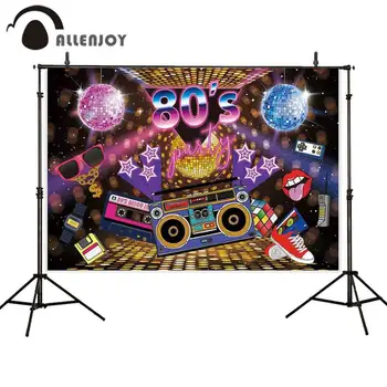 

Allenjoy 80's Backdrop Radio Shoes Tape Watch Cube Sunglasses Star Shiny Light Banner Young Disco Music Dancing Party Supplies
