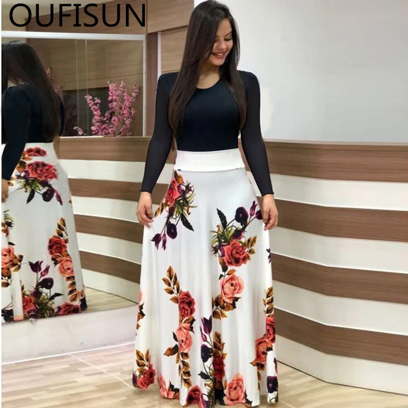 Oufisun, летнее повседневное тонкое длинное платье с длинным рукавом, Модные Вечерние Платья с круглым вырезом и принтом, винтажные женские платья Vestidos размера плюс 5XL