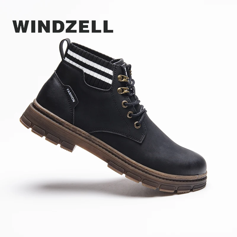 

WINDZELL Spring/Autumn Cowboy Boots For Mens Black Brown Vintage Sock Leather Casual Sneakers Low Top Male Tactical Comfortable