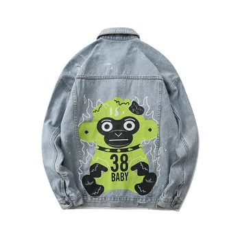 

Cute Monkey Printed Denim Jacket Men Washed Cotton Hip Hop Streetwear Fashion Ripped Distressed Outwear Punk Rock Jeans Coats