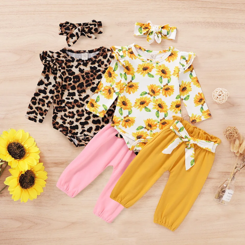 

Toddler 3Pcs Outfits Clothing Set For Newborn Infant Baby Girls Clothes Flower Pattern Long Sleeve Rompers+ Pants + Headband D30