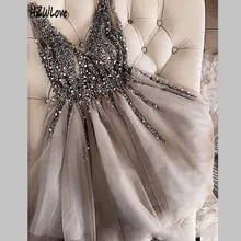 Блестящее Кристальное бисерное короткое платье на выпускной дешевые двойной V-образным вырезом сексуальные блестящие мини платья для выпускного бала Abiye Vestido платье для вечеринки