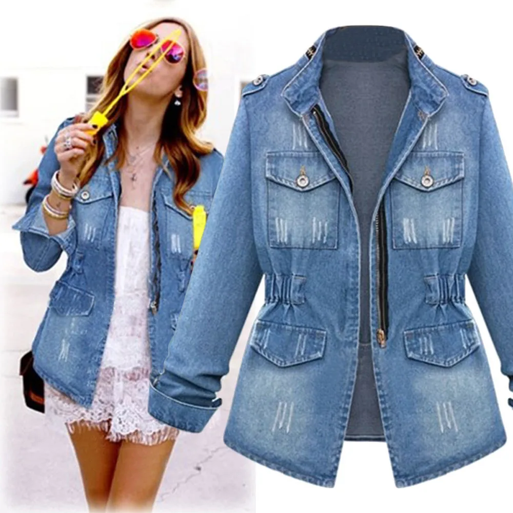 

Female Jacket Womens Plus Size Ladies Denim Oversize Jeans Chain Jacket Pocket Coat Polyester Solid Pattern Turn-down Collar 9.3