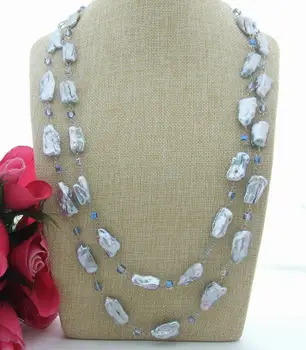 

S050706 60" 25mm Grey Biwa Pearl&Crystal Necklace