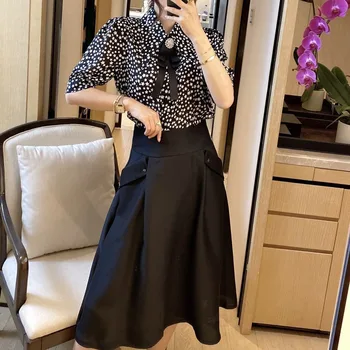 

Runway Print Stars Beaded Bow Short-Sleeved Shirt Black Pleated Skirt Skirt Pocket Skirt Women'S Two-Piece Suit High Quality