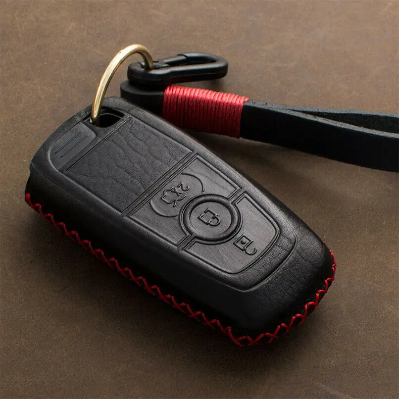 For Ford Fusion Mustang Explorer F-150 F-250 F-350 Genuine Leather Car Key Case Cover Bag Shell Remote Key Case - Название цвета: 3Button - Black Red