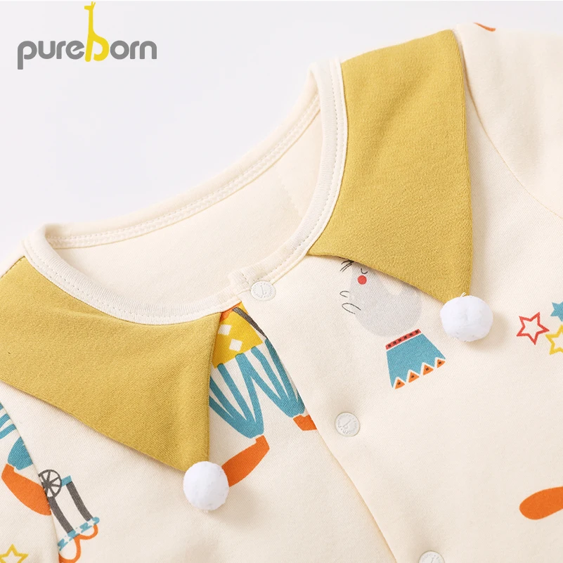 Pureborn/комбинезон для новорожденных мальчиков и девочек; комбинезон с длинными рукавами и хлопковой подкладкой с рисунком клоуна; воротник Питер Пэн; комбинезон унисекс; зимняя одежда