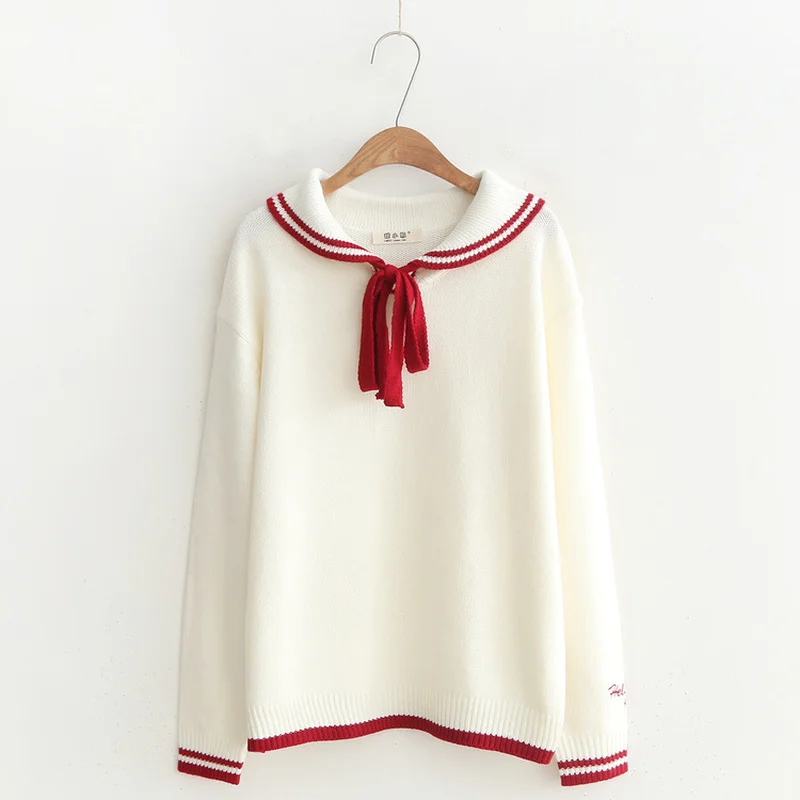 

Women's Autumn Winter Fresh Stlye Sweaters Preppy Style Turn-down Collar Bow Tie Hit Color Quality Pullovers Female Sweet Tops