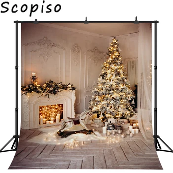 

Scopiso Christmas Tree Fireplace Candle Wooden Floor Photographic Backgrounds Customized Photography Backdrops Photo Studio Prop