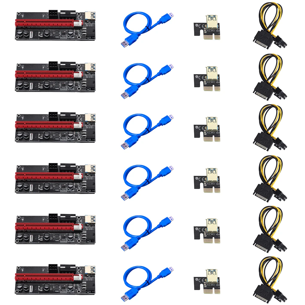 6pcs Newest VER009 USB 3.0 PCI-E Riser VER 009S Express 1X 4x 8x 16x Extender Riser Adapter Card SATA 15pin to 6 pin Power Cable