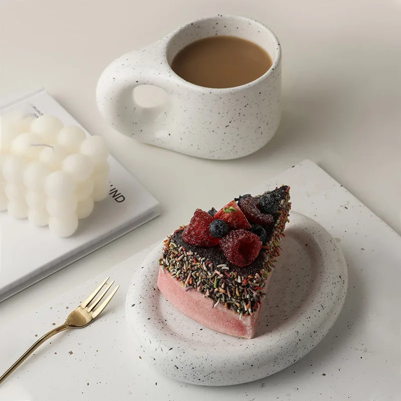 300ml Nordic Ceramic Speckled Bold Mug Plate set Coffee Milk Tea Cup Dinnerware Western Dish Dessert Plate Cake Rustic Dishware 6