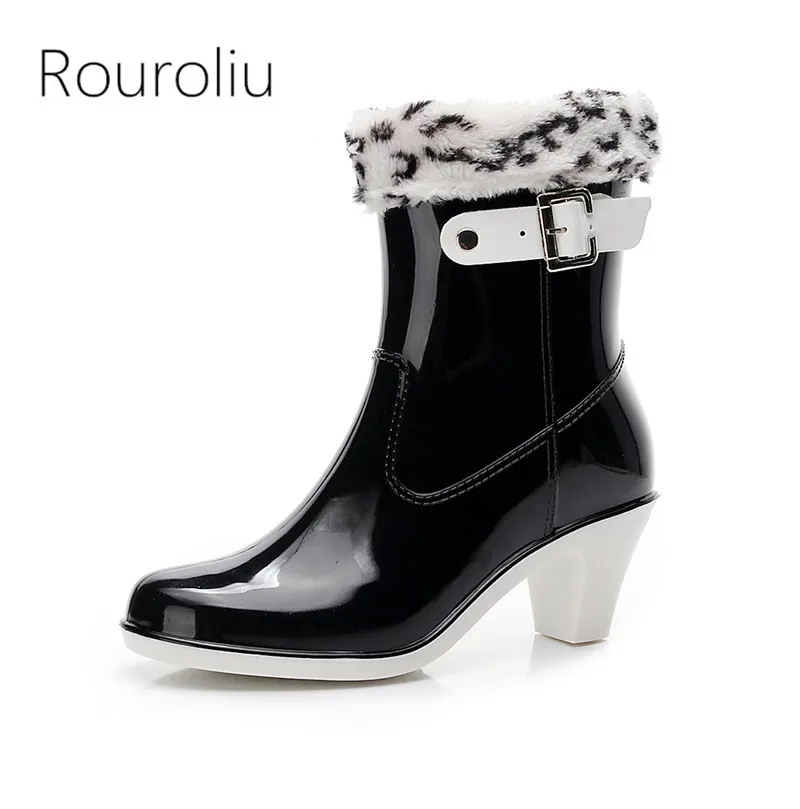 

Rouroliu Women Fashion High Heels Rain Boots Mid-calf Buckle Rainboots Waterproof Water Shoes Woman Warm Socks TR140