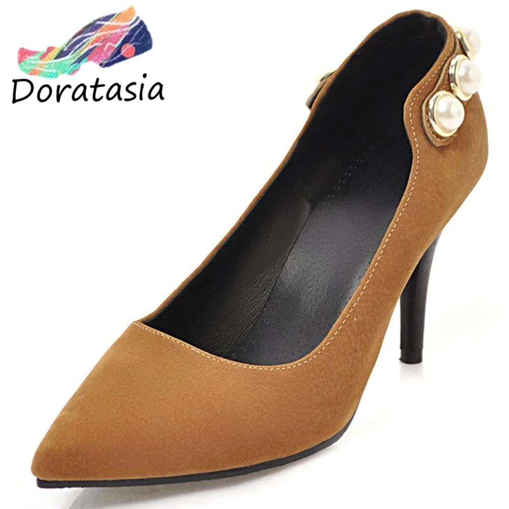 

DORATASIA Girl Fashion Pointed Toe Pearl Office Pumps Spring Elegant Shallow Flock Pumps Women Ol High Heels Date Shoes Woman