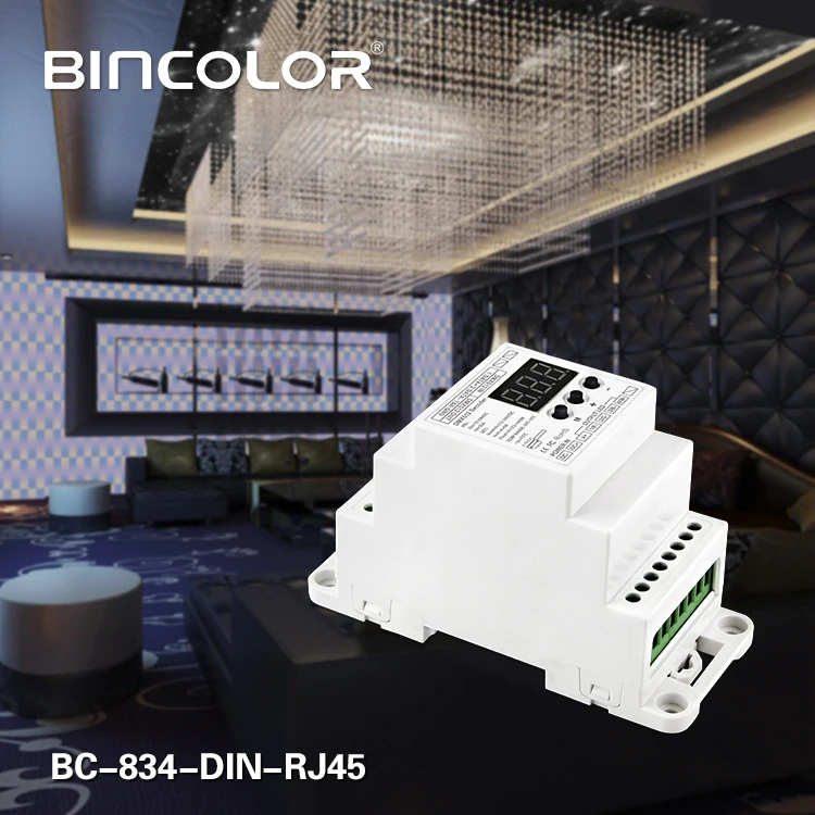 BC-834-DIN-RJ45 DC12-24V input 6A*4CH output,DIN Rail 4CH Constant voltage DMX512/1990 Decoder controller for led strip, lamp