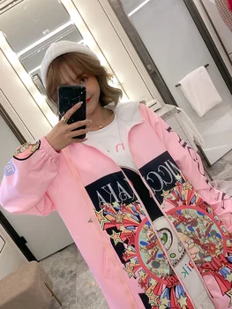 

Harajuku style jacket female bf loose Europe station 2020 spring cartoon western style plus size long cardigan trench coat tide