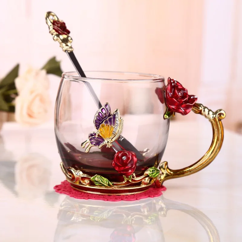 Red Rose Enamel Cup Flower Tea Cup Crystal Heat-resistant High Borosilicate Glass Gift Box Couple Business Gift Cup