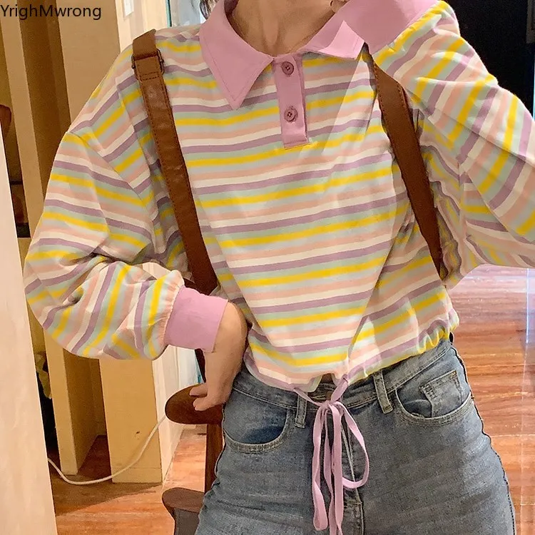 

Block Contrast Color Pink Button Turndown String Waist Loose Striped Rainbow Crop Top Women Fashion Short T Shirt Tee T-Shirt
