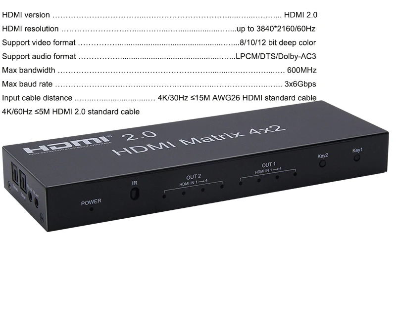 HDMI2.0 HDMI матрица 4X2 с toslink аудио HDMI 2,0 матрица 4 в 2 из 4 к 60 Гц HDCP 2,2 с EDID& HDMI ИК-управлением