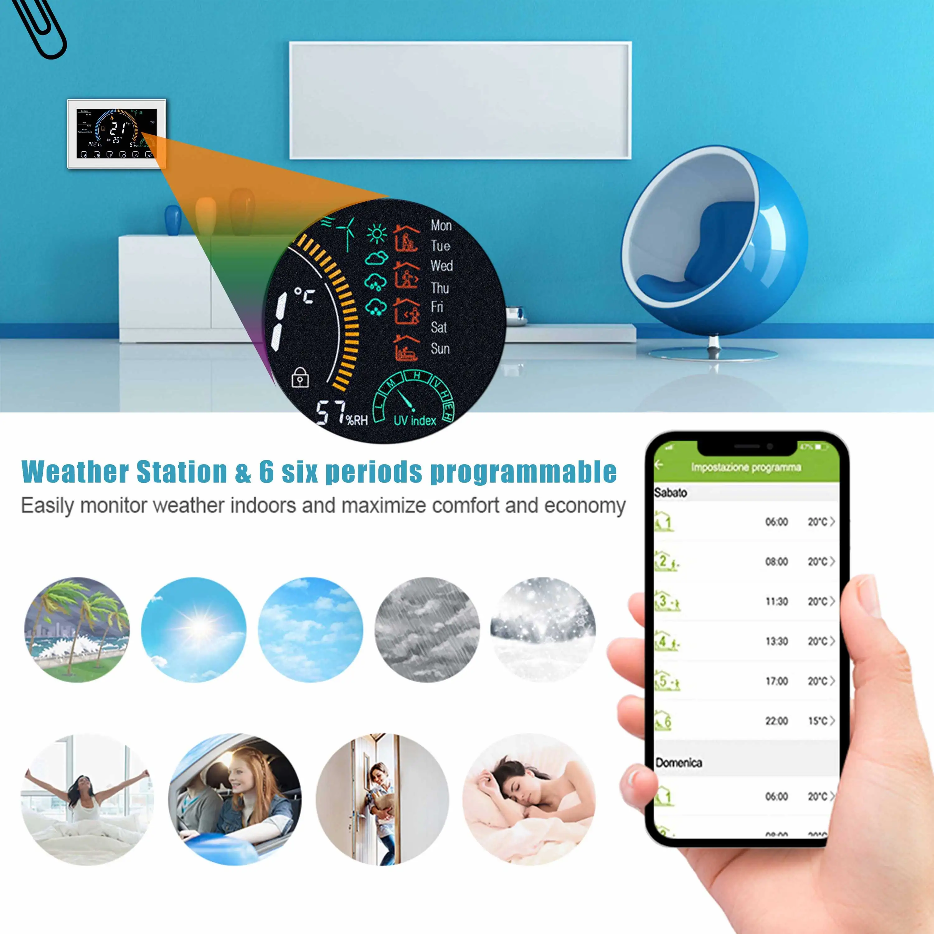 24V WIFI TUYA Central Heating Cold Control THERMOSTAT for Work Different System Types Warm Air,Hot Water,Heat Pump,Steam