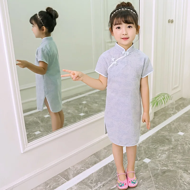 Cheongsam платье с цветочным узором для девочек праздничные летние платья китайское платье Qipao для маленьких девочек Халат - Цвет: Light blue