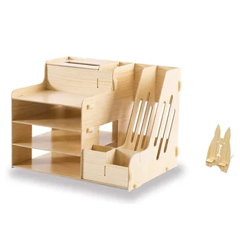 

Wooden Office Desk Organizer Set Accessories, Multi-Functional Pen Holder Box for Desktop Stationary, Paper Filer Trays