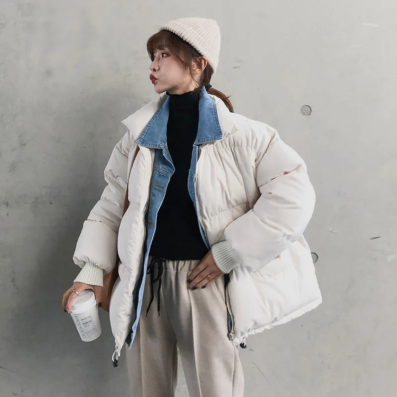 

2018 Winter New Style Korean-style Cowboy Joint Mock Two-Piece INS Coat Women's Loose-Fit down Coat Cotton-padded Clothes