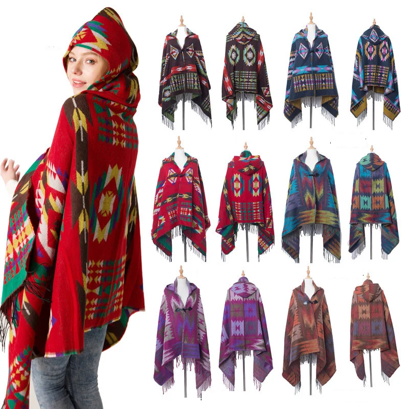 

Autumn and winter new Women's Scarves horns buckle national wind hooded cape shawl shawl bohemian national wind hooded shawl