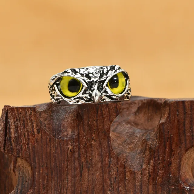 YADELAI Charming Fashion Owl Ring Vintage Man and Women Alloy Blue Eyes Owl Ring Versatile Argent  Adjustable Creativering Ring YD--081yellow