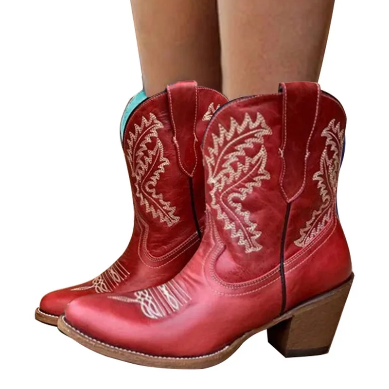 

Embroidery Botas Mujer Faux Leather Cowboy Ankle Boots For Women Wedge High Heel Boots Leopard Print Western Cowgirl Boots