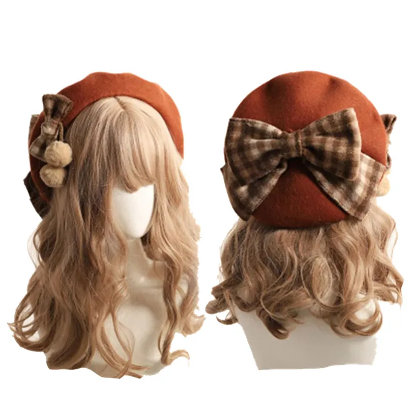 Winter cute beret Women new British fashion retro big bow plaid painter hat Girl female Beanies beret hat woolen beret