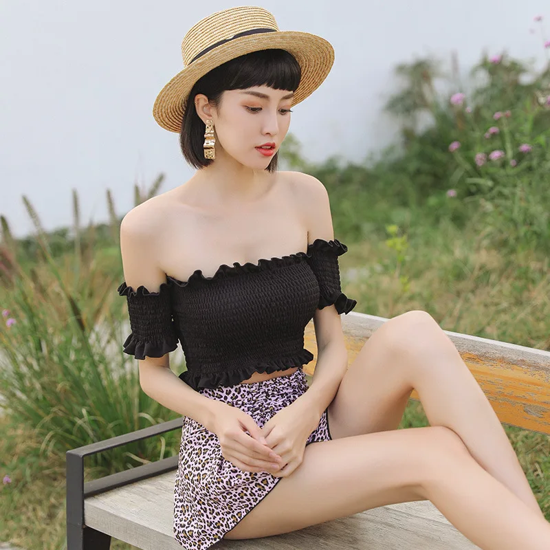 

2019 New Style Bathing Suit Women's Sexy South Korea off-Shoulder Split Type Boxer Bikini Skirt Split Type Swimwear