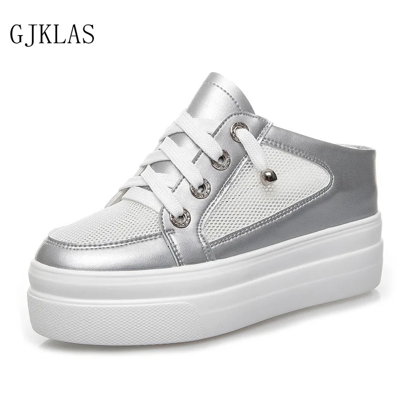 

+mesh+Genuine Leather Casual Shoes Woman Slippers Platform Wedges Women Half Slippers High Heels Size 42 Silver White Shoes