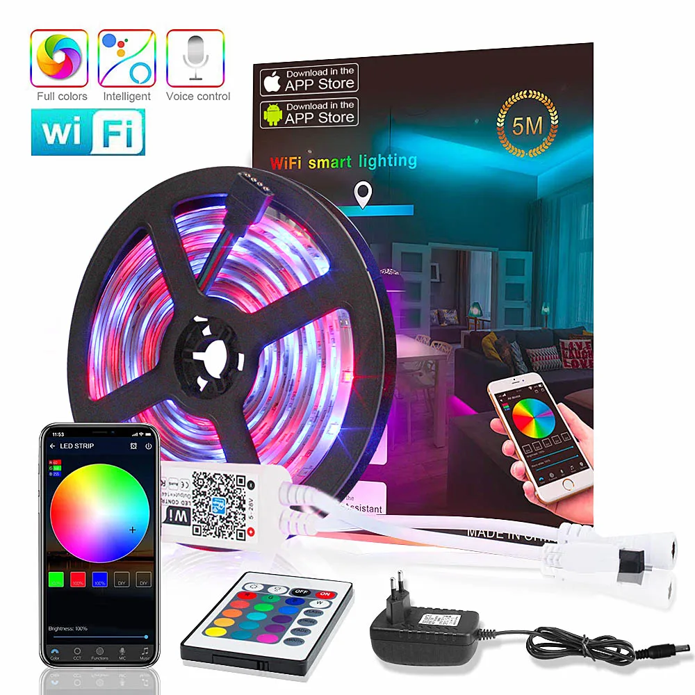 

Wifi Led Strip RGB Waterproof SMD 2835 DC12V 5M Diode Flexible Ribbon 44Keys IR 24 Keys Tira Led Wifi Remote Contoller with Plug