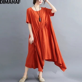 

DIMANAF Plus Size Women Dress Summer Sundress Clothing A-Line Elegant Lady Vestidos Loose Pleated Cotton Linen Solid Maxi Dress