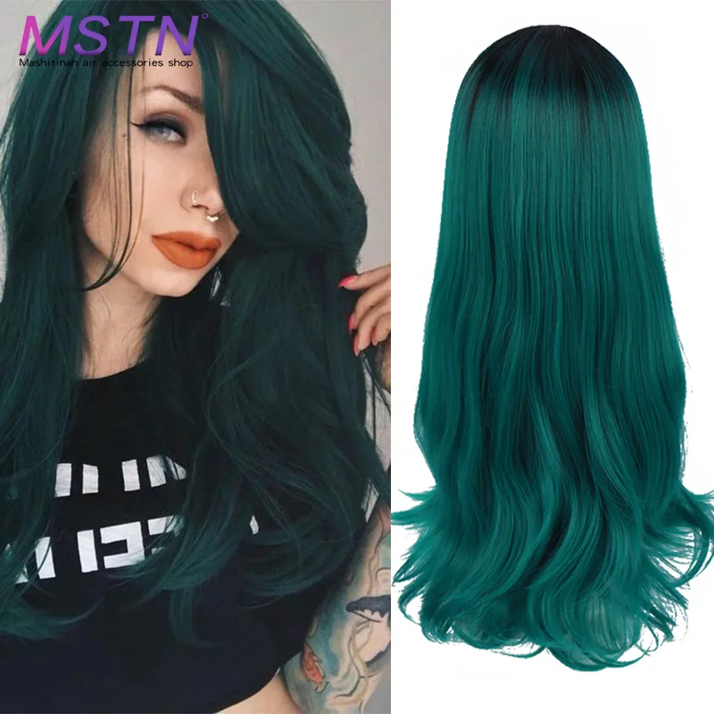 

MSTN 24'' Cosplay Wig Long Ombre Black Green Lolita No Bangs High Temperature Fiber Synthetic Hair Extension Wigs For Women