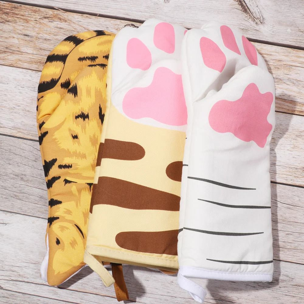 Kitchen gloves cotton pot holders 1PC 3D Cartoon Animal Cat Paws Oven Mitts Long Cotton Baking Insulation Gloves Microwave Heat Resistant Non-Slip Kitchen Gloves