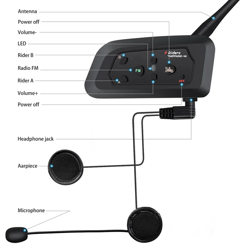 V4 Интерком Intercomunicadores де КАСКО Мото шлем Bluetooth гарнитура Intercomunicador мото радио 4 гонщика 1200 м домофон мото