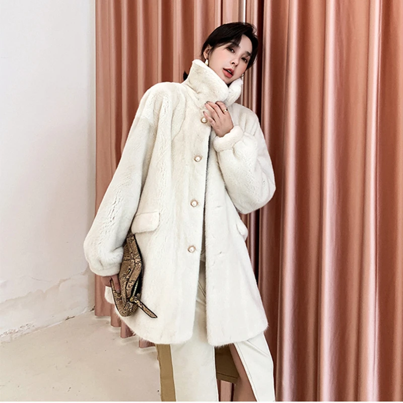 Ftangaiur2019 Winter Import Purple standard Velvet Mink Fur Coat Beige With Pockets Mink Coat Women's Medium Real Mink Fur Coats
