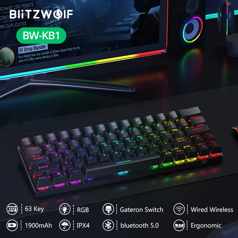 US $51.67 BlitzWolf BWKB1 Wireless bluetooth Keyboard Gateron Switch RGB 63 Keys Layout NKRO TypeC Mechanical Gaming Black Brown Switch