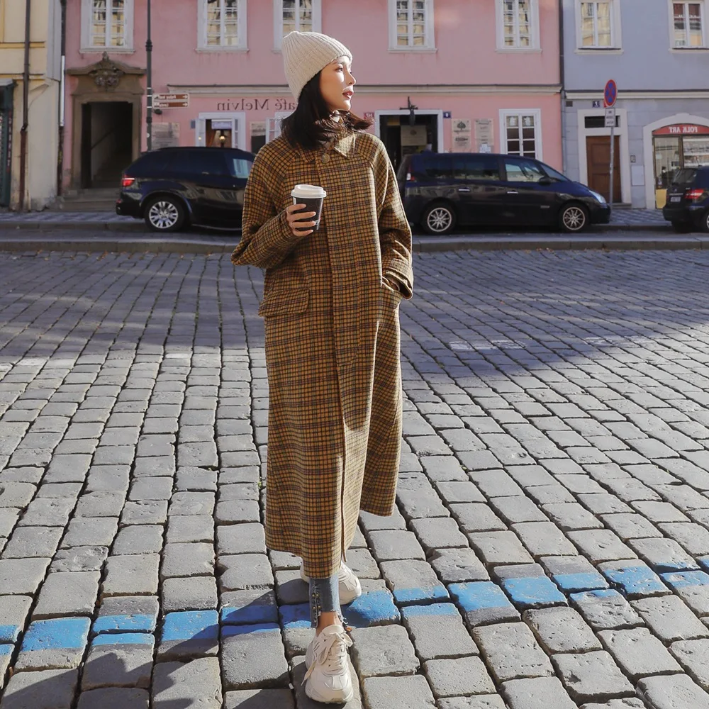 

Photo Shoot 2018 Winter New Style Fashion Retro British Style Long Single Breasted Tartan Overcoat Woolen Jacket Women's