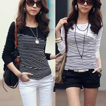 

Fashion Womens Casual T-Shirt Stripe Printing Splice Long Sleeve Slim Fit Tops Japanese and Korean style casual tops