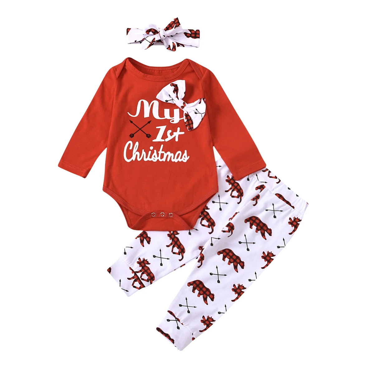 

2020 New Winter Christmas Infant Baby Girls 3Pcs Set Letter Print Bow Arrows Long Sleeve Bodysuit+Trousers+Headband Toddler Xmas