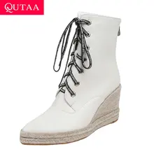 QUTAA/ г. Осенне-зимние ботильоны на платформе с острым носком, на шнуровке, на молнии Повседневная женская обувь из искусственной кожи на танкетке и высоком каблуке Size34-43