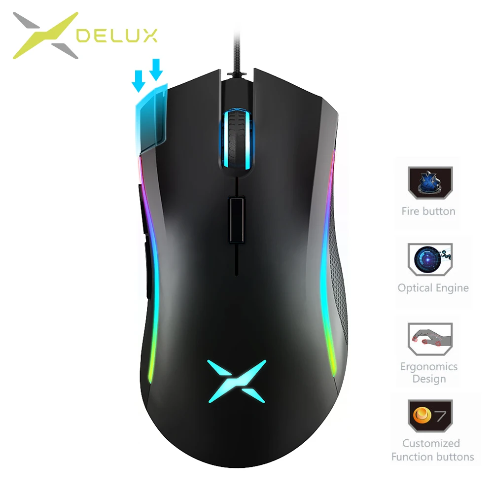 Дешево Delux M625 RGB Подсветка игровой Мышь 12000 Точек на дюйм 12000 FPS 7 Пуговицы Проводная Оптическая USB Мыши компьютерные для LOL DOTA игры плеер портативных П...