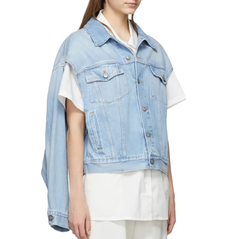 DEAT Solid Color Lapel Long Sleeve Single Breasted Woman Denim Jacket Simple Casual Personality Fashion spring Coat TV061